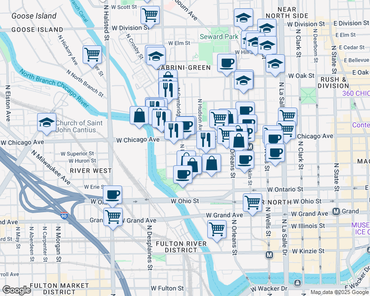 map of restaurants, bars, coffee shops, grocery stores, and more near in Chicago