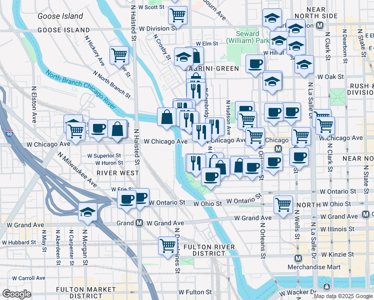 map of restaurants, bars, coffee shops, grocery stores, and more near in Chicago