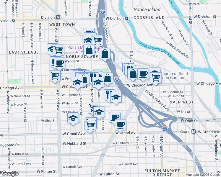 map of restaurants, bars, coffee shops, grocery stores, and more near 801 North Elizabeth Street in Chicago