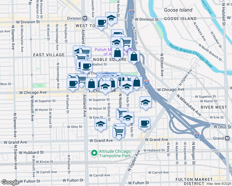 map of restaurants, bars, coffee shops, grocery stores, and more near 810 North Noble Street in Chicago