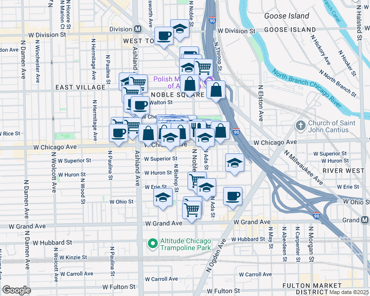 map of restaurants, bars, coffee shops, grocery stores, and more near 810 North Noble Street in Chicago