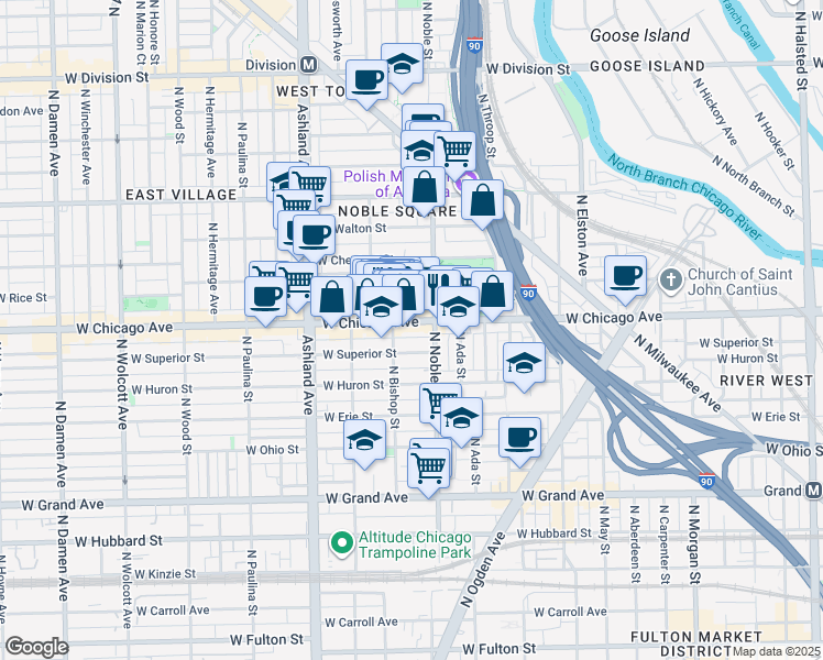 map of restaurants, bars, coffee shops, grocery stores, and more near 810 North Noble Street in Chicago