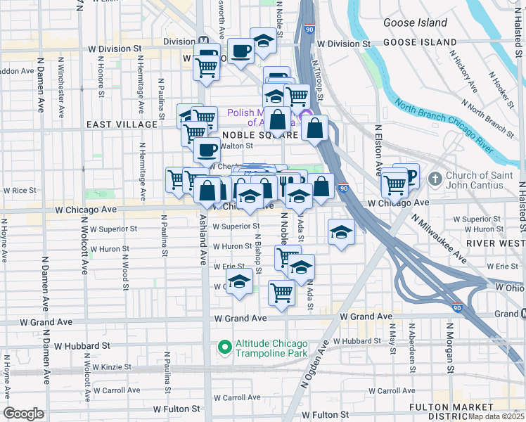 map of restaurants, bars, coffee shops, grocery stores, and more near 810 North Noble Street in Chicago