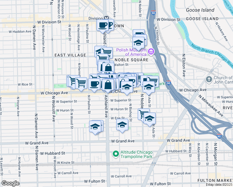 map of restaurants, bars, coffee shops, grocery stores, and more near 1522 West Chicago Avenue in Chicago