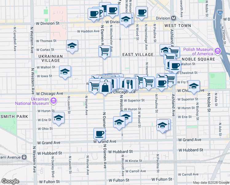 map of restaurants, bars, coffee shops, grocery stores, and more near 820 North Wolcott Avenue in Chicago