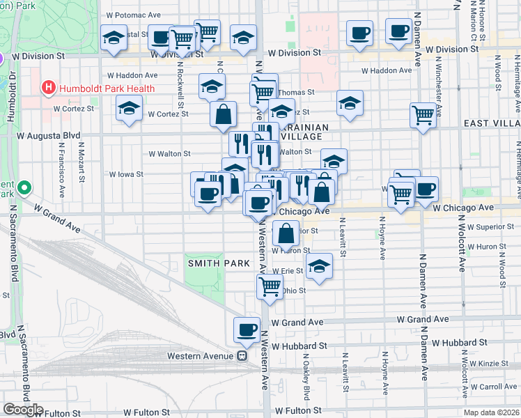 map of restaurants, bars, coffee shops, grocery stores, and more near 826 North Western Avenue in Chicago