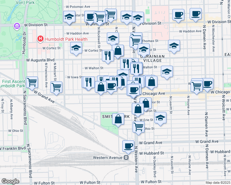 map of restaurants, bars, coffee shops, grocery stores, and more near 825 North Maplewood Avenue in Chicago