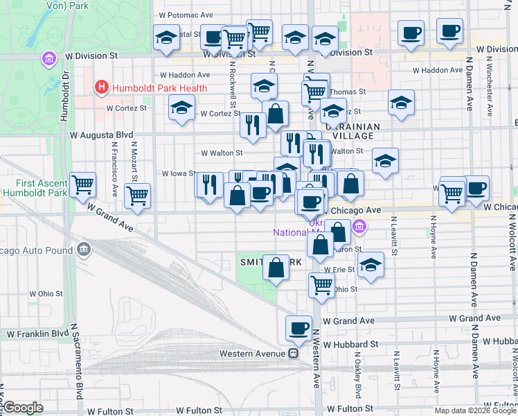 map of restaurants, bars, coffee shops, grocery stores, and more near 825 North Maplewood Avenue in Chicago
