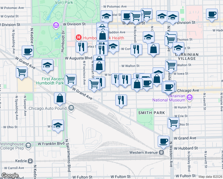 map of restaurants, bars, coffee shops, grocery stores, and more near in Chicago