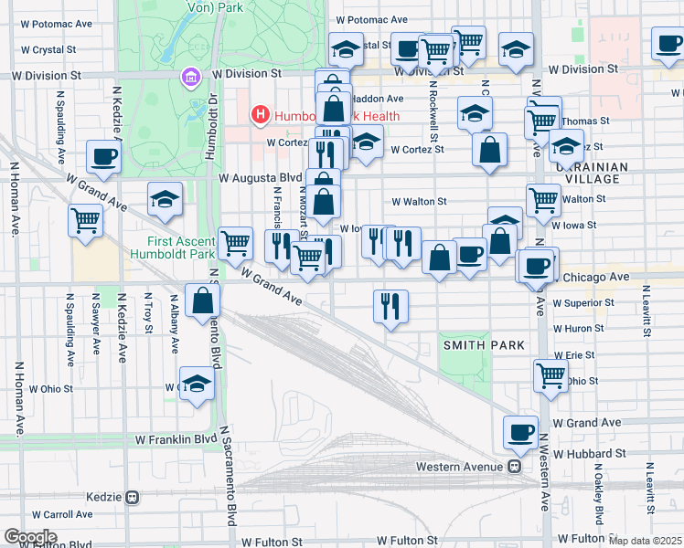 map of restaurants, bars, coffee shops, grocery stores, and more near in Chicago