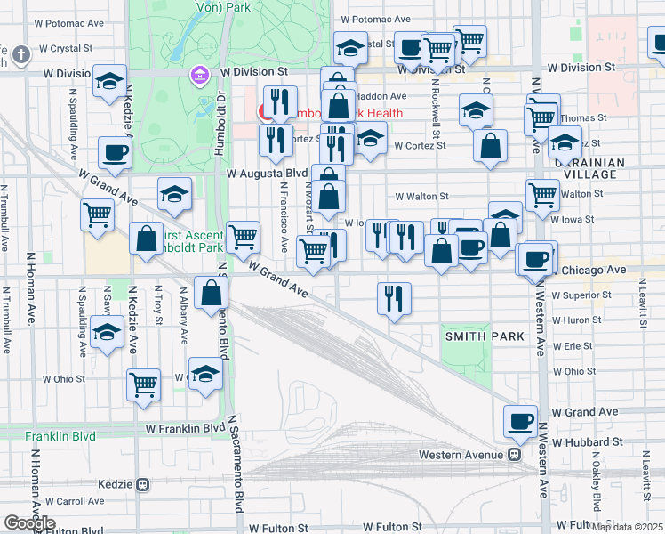 map of restaurants, bars, coffee shops, grocery stores, and more near 827 North Mozart Street in Chicago