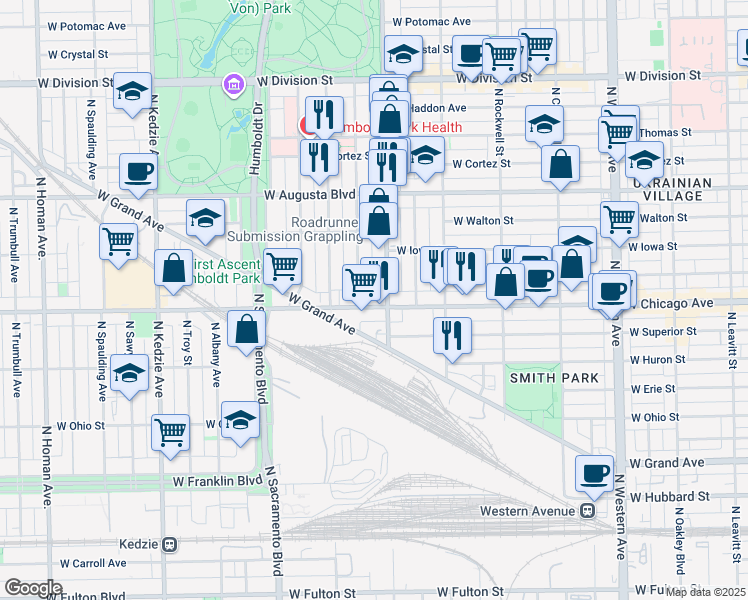 map of restaurants, bars, coffee shops, grocery stores, and more near 827 North Mozart Street in Chicago