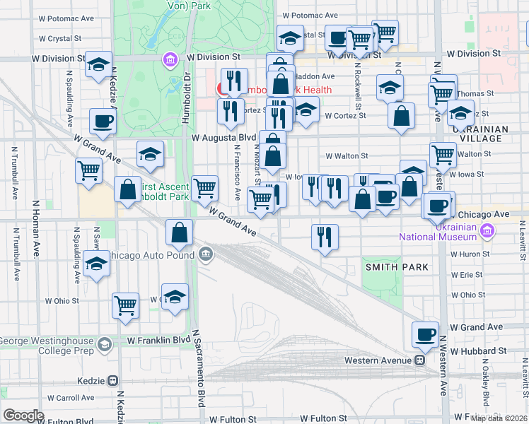 map of restaurants, bars, coffee shops, grocery stores, and more near 827 North Mozart Street in Chicago
