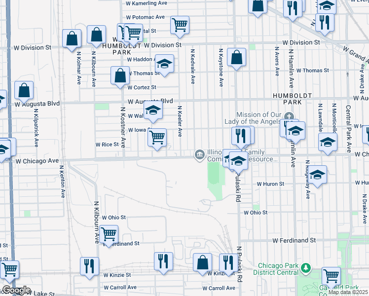 map of restaurants, bars, coffee shops, grocery stores, and more near 839 North Keeler Avenue in Chicago