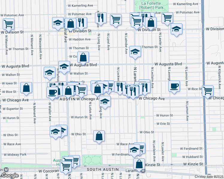 map of restaurants, bars, coffee shops, grocery stores, and more near 853 North Lorel Avenue in Chicago