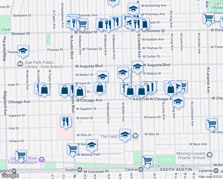 map of restaurants, bars, coffee shops, grocery stores, and more near 5739 West Iowa Street in Chicago