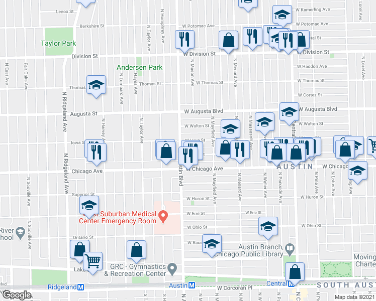 map of restaurants, bars, coffee shops, grocery stores, and more near 5939 West Iowa Street in Chicago