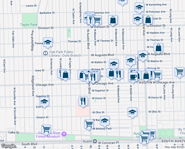 map of restaurants, bars, coffee shops, grocery stores, and more near 5939 West Iowa Street in Chicago