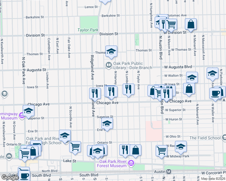 map of restaurants, bars, coffee shops, grocery stores, and more near 228 Iowa Street in Oak Park
