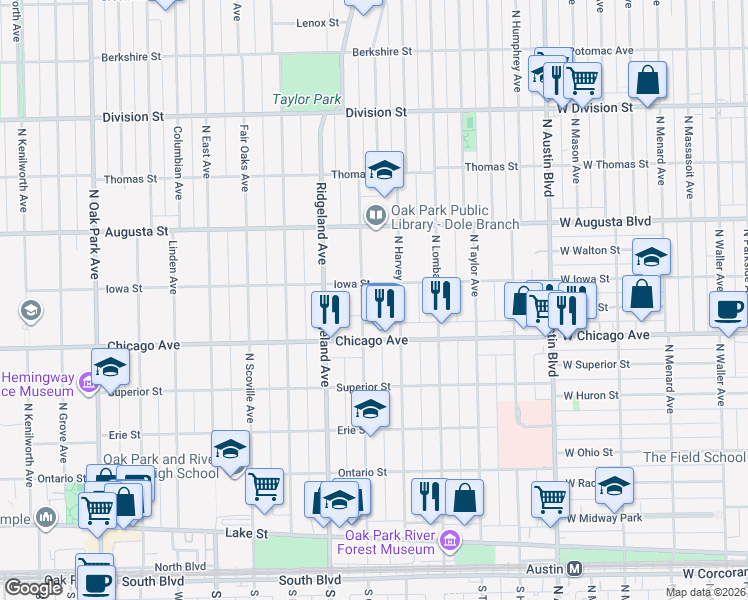 map of restaurants, bars, coffee shops, grocery stores, and more near 260 Iowa Street in Oak Park