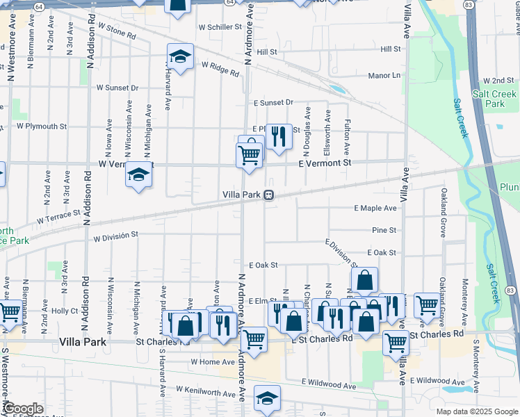 map of restaurants, bars, coffee shops, grocery stores, and more near in Villa Park