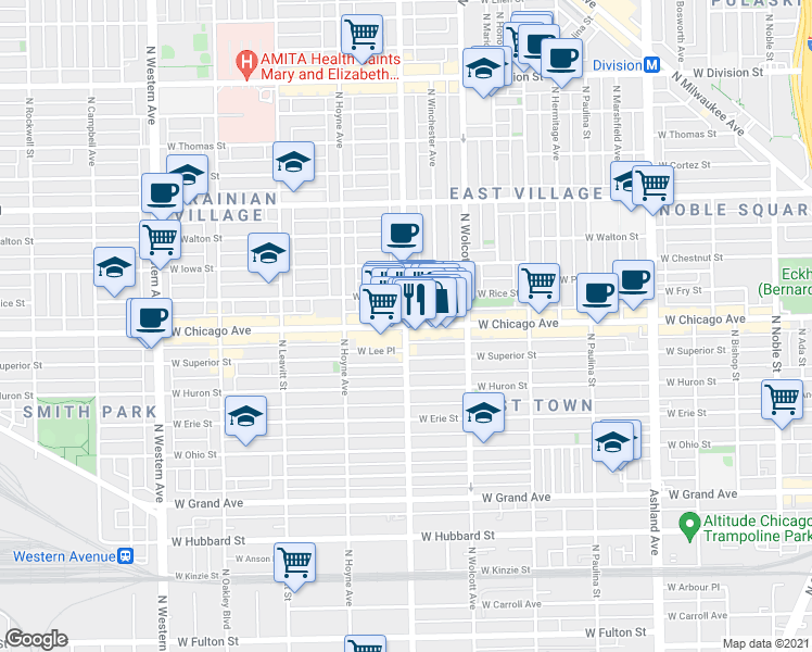 map of restaurants, bars, coffee shops, grocery stores, and more near N Damen Ave & W Chicago Ave in Chicago