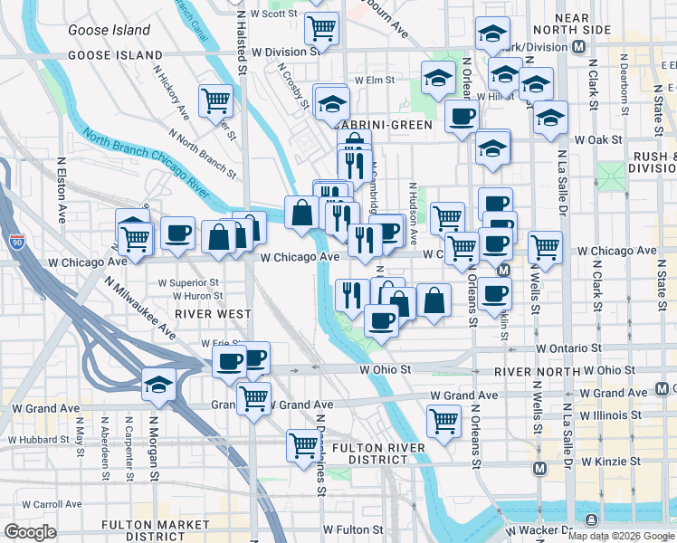 map of restaurants, bars, coffee shops, grocery stores, and more near 758 North Larrabee Street in Chicago