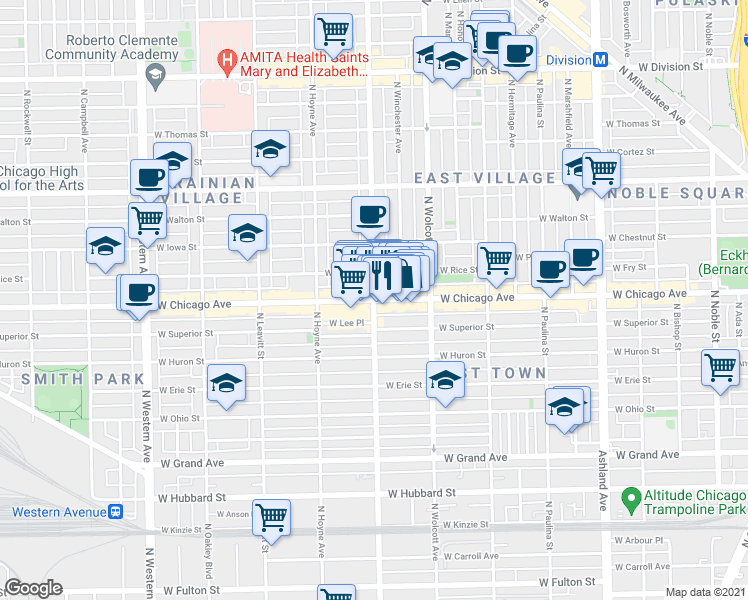 map of restaurants, bars, coffee shops, grocery stores, and more near 800 North Damen Avenue in Chicago