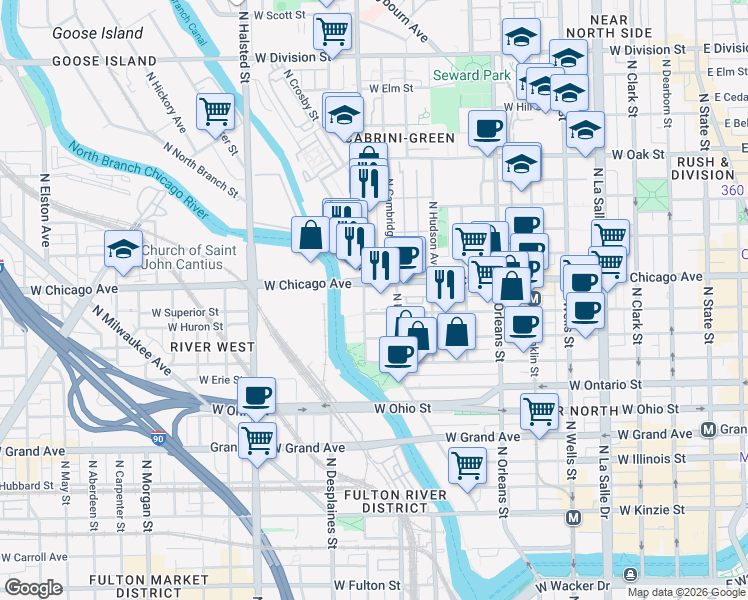 map of restaurants, bars, coffee shops, grocery stores, and more near 520 West Superior Street in Chicago