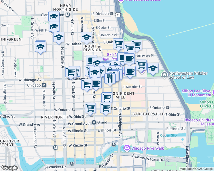 map of restaurants, bars, coffee shops, grocery stores, and more near in Chicago