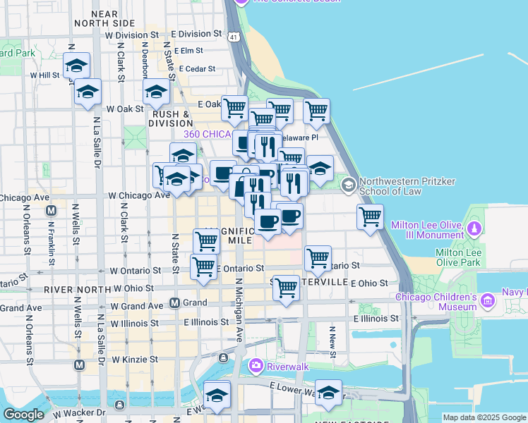 map of restaurants, bars, coffee shops, grocery stores, and more near 166 East Superior Street in Chicago