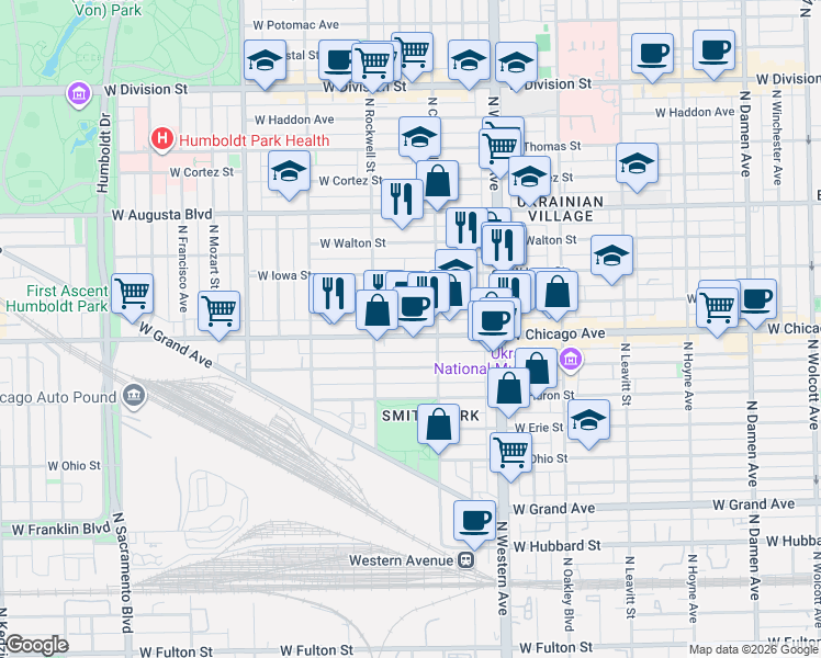 map of restaurants, bars, coffee shops, grocery stores, and more near 825 North Maplewood Avenue in Chicago