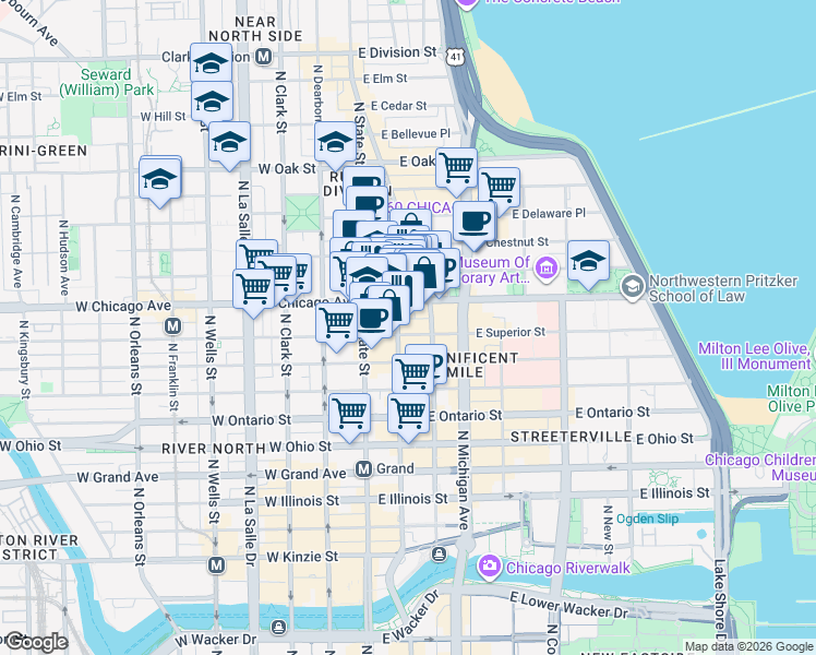 map of restaurants, bars, coffee shops, grocery stores, and more near 782 North Wabash Avenue in Chicago