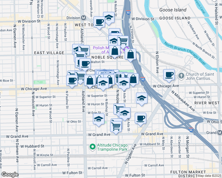 map of restaurants, bars, coffee shops, grocery stores, and more near 810 North Noble Street in Chicago