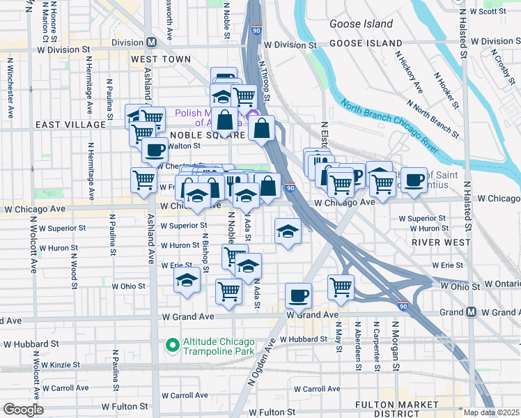 map of restaurants, bars, coffee shops, grocery stores, and more near 801 North Elizabeth Street in Chicago