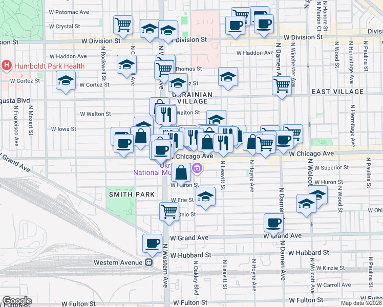 map of restaurants, bars, coffee shops, grocery stores, and more near 2300 West Chicago Avenue in Chicago