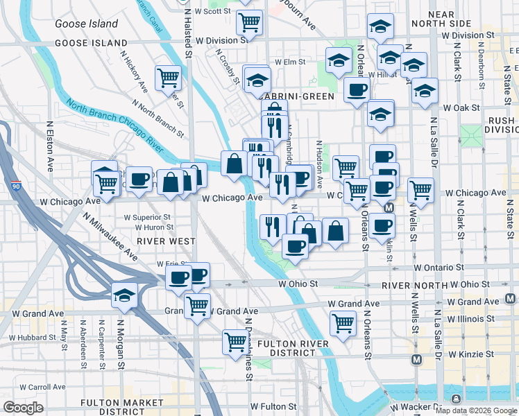 map of restaurants, bars, coffee shops, grocery stores, and more near in Chicago