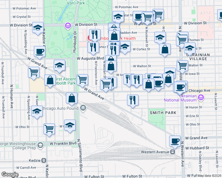 map of restaurants, bars, coffee shops, grocery stores, and more near 827 North Mozart Street in Chicago