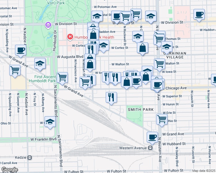 map of restaurants, bars, coffee shops, grocery stores, and more near 822 North Washtenaw Avenue in Chicago