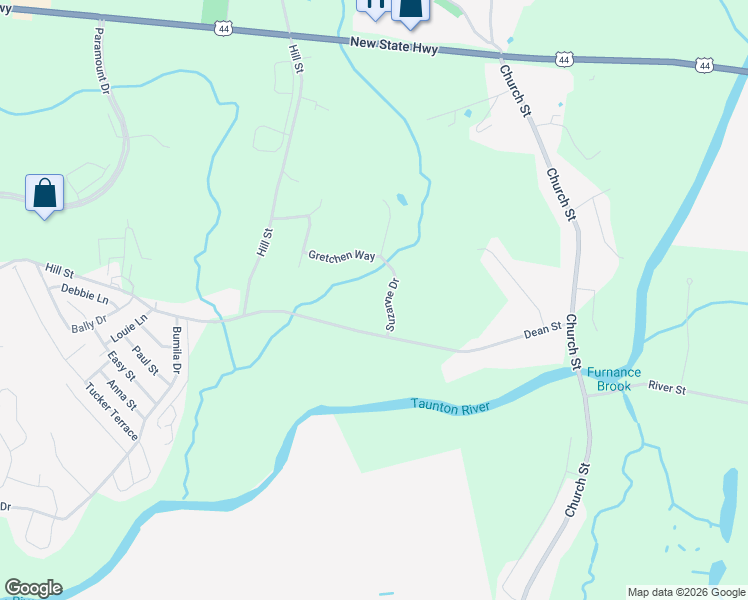 map of restaurants, bars, coffee shops, grocery stores, and more near 54 Suzanne Drive in Raynham