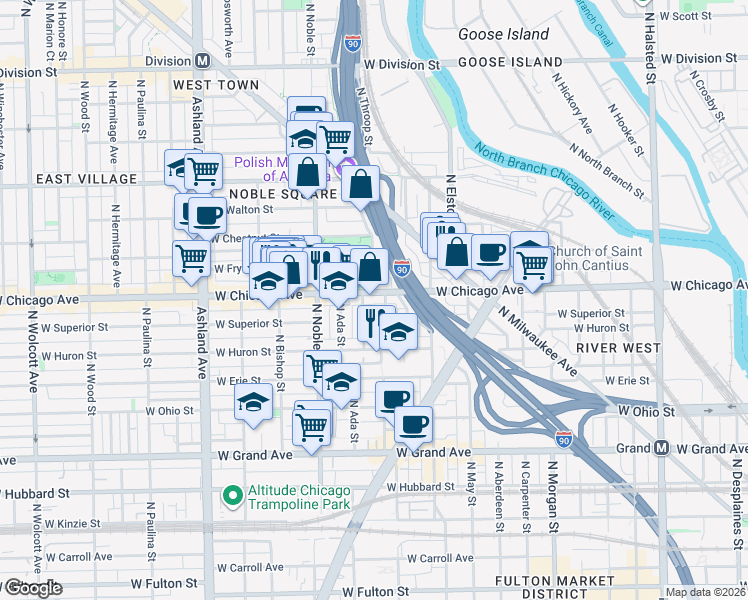 map of restaurants, bars, coffee shops, grocery stores, and more near 801 North Elizabeth Street in Chicago