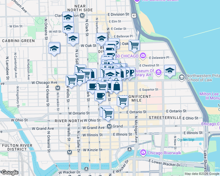 map of restaurants, bars, coffee shops, grocery stores, and more near 735 N State St in Chicago