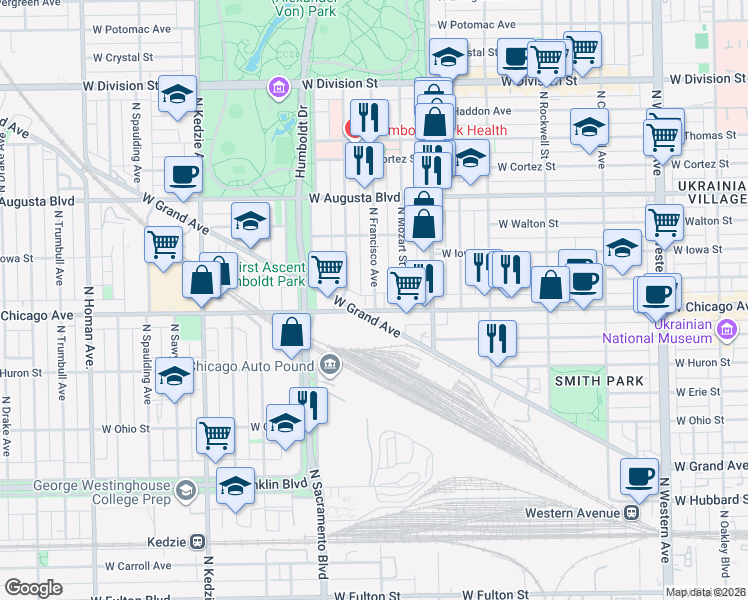 map of restaurants, bars, coffee shops, grocery stores, and more near 827 North Francisco Avenue in Chicago