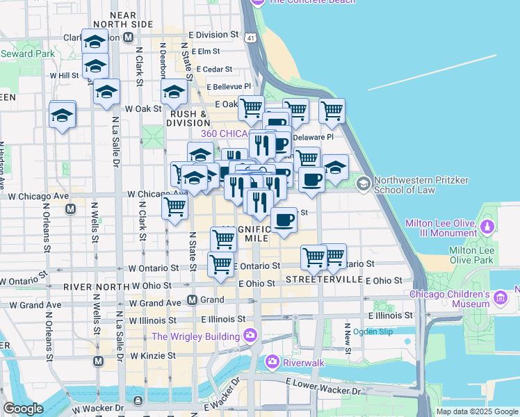 map of restaurants, bars, coffee shops, grocery stores, and more near 737 North Michigan Avenue in Chicago