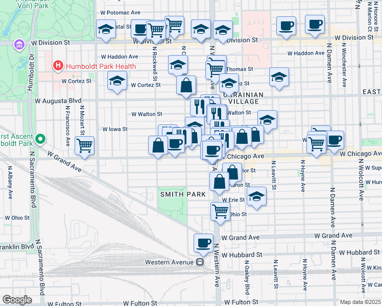 map of restaurants, bars, coffee shops, grocery stores, and more near 2450 West Chicago Avenue in Chicago