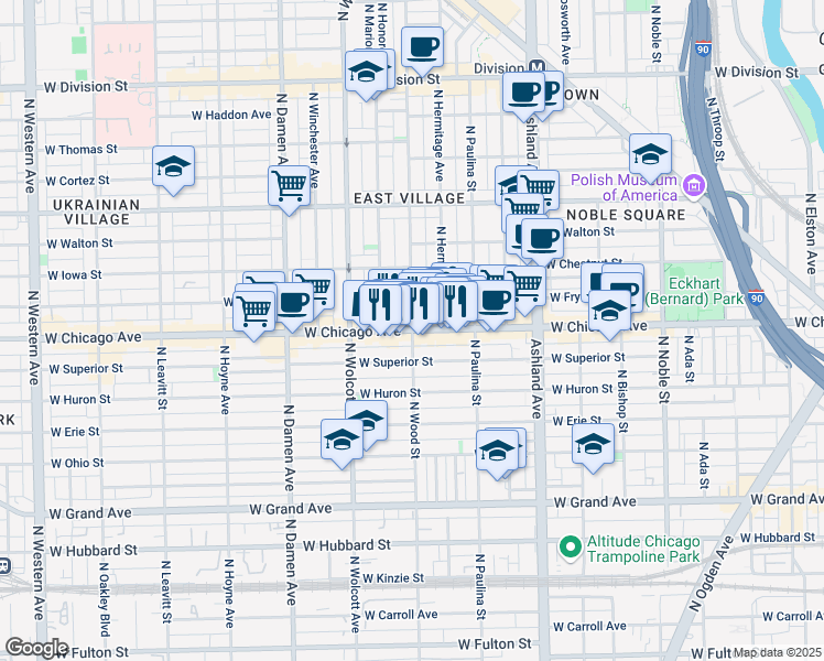 map of restaurants, bars, coffee shops, grocery stores, and more near W Chicago Ave & N Wood St in Chicago