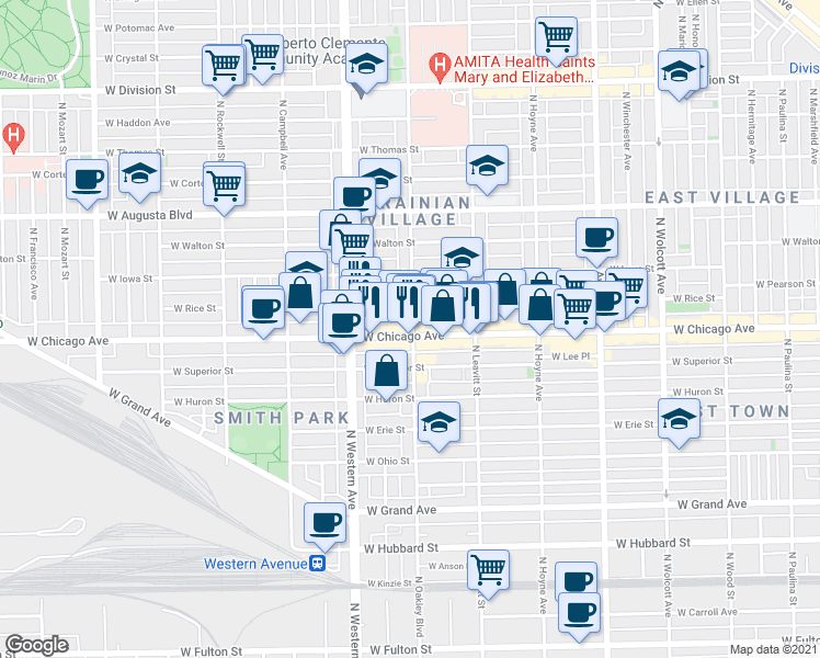 map of restaurants, bars, coffee shops, grocery stores, and more near 808 North Oakley Boulevard in Chicago