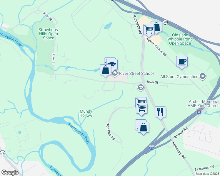 map of restaurants, bars, coffee shops, grocery stores, and more near 382 River Street in Windsor