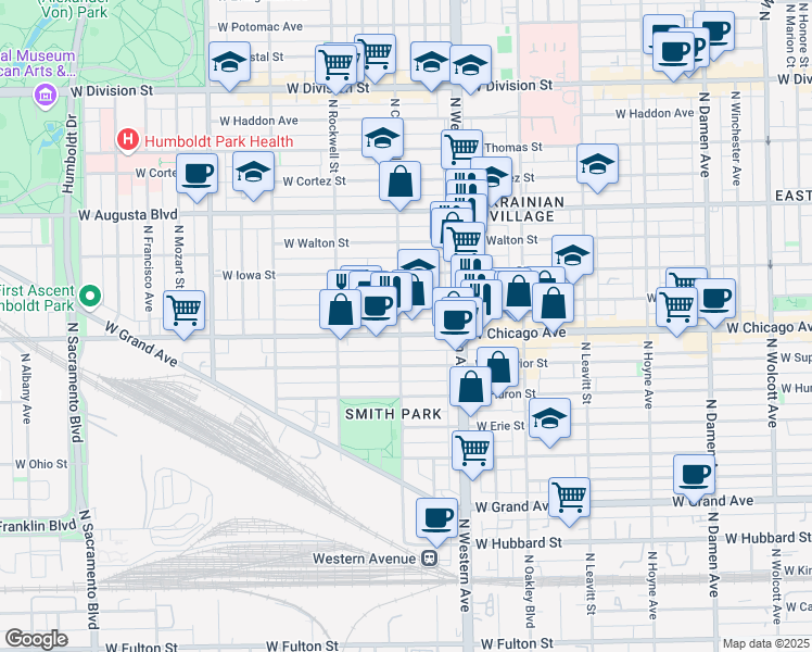 map of restaurants, bars, coffee shops, grocery stores, and more near 803 North Campbell Avenue in Chicago