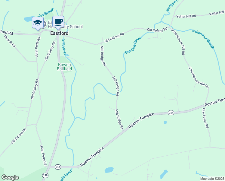 map of restaurants, bars, coffee shops, grocery stores, and more near 15 Mill Bridge Road in Eastford